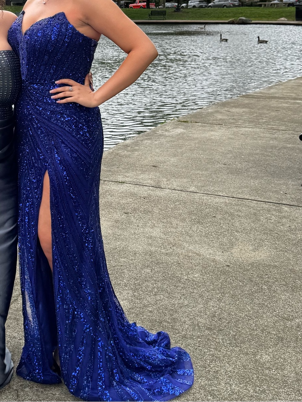 Sherri Hill Royal Blue Sequined Strapless Prom Dress with High Slit